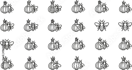 Seamless pattern of onions and bees, symbolizing natural and eco-friendly farming approach for