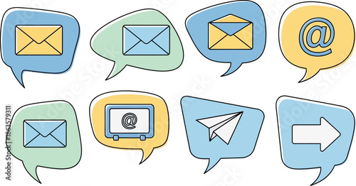 Communication themed image showing stylized messages and email icons in speech bubbles