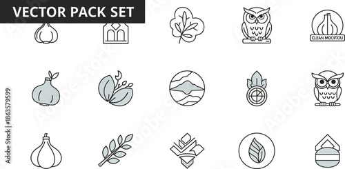 Collection of minimalist line art vector icons featuring nature, animals and food elements