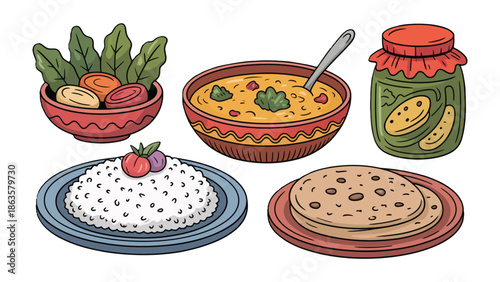 A Delicious Array of Culinary Delights: An appealing assortment of traditional culinary dishes is presented, showcasing the richness and variety of culinary arts.