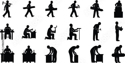 Carpenter silhouettes, woodworking workers, construction workers with tools, carrying wood and working, hammer and saw, wood crafting, manual 