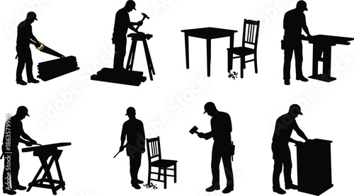 Carpenter working with wood, using hand tools, building furniture, crafting chairs and tables, woodworking silhouette design, professional craftsmanship
