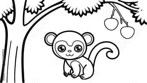 Cute monkey coloring page for kids with tropical tree and fruit