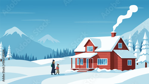 Beautiful winter scene vector illustration depicting a house in open space surrounded by snow and mountains, showcasing serene beauty