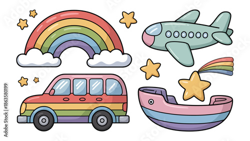 Whimsical Journey: A collection of cheerful and colorful illustrations, featuring a rainbow, airplane, star, car, and boat, inviting the imagination to take flight