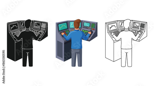Man operating a multi-screen control console from rear view in silhouette, color, and outline