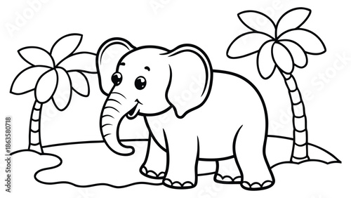 Little cartoon elephant standing on tropical shore coloring book page for toddlers and kids
