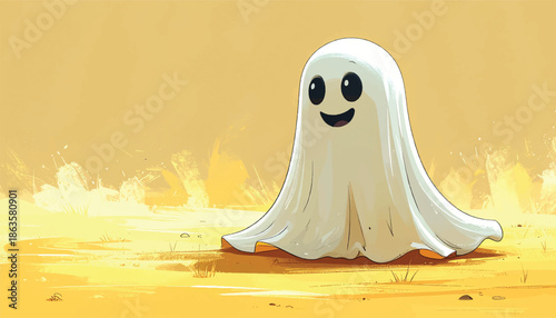 Friendly Cartoon Ghost with a Cheerful Expression on a Yellow Background.