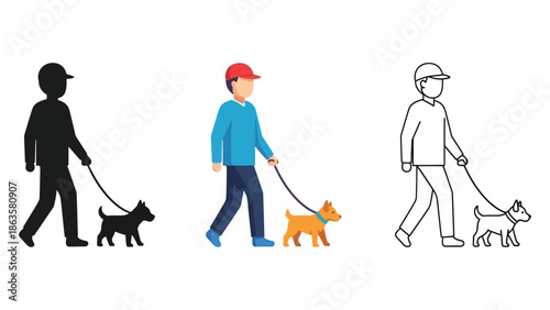 Man walking a dog on a leash in silhouette, color illustration, and outline