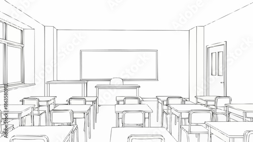 Empty Classroom With Desks And Whiteboard Sketch.