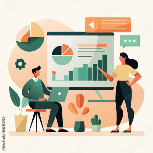 Coworkers discussing business strategy and data presentation in a modern minimalist office.