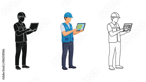 Engineer or construction worker holding a tablet in silhouette, color, and outline styles