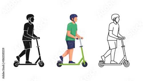 Boy riding a kick scooter shown in silhouette, color illustration, and outline