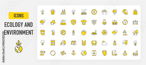 Set of Ecology and Environment vector. Light Bulb, Trash Bin, Factory, Wind, Bicycle, Energy, Nature Care, Hail, Hydro Power, Eco Pack, Thunderstorm, Fog, Sea, T Shirt, Atom, Chemical illustration. 