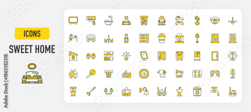 Set of Sweet home vector. Smart Tv, Ac, Balcony, Bathtub , Bedroom, Bookshelf, Cactus, Cctv Camera, Ceiling Fan, Study Table, Couch, Dining Room, Dispenser, Drawer, Dustbin, Fireplace illustration. 
