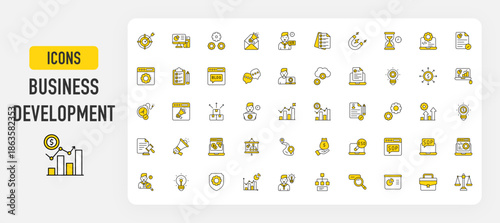 Set of Business Development vector. Target, Computer, Setting, Email Marketing, Hr Manager, Checklist, Magnet, Hourglass, Analysis, Assessment, Blog, Chatting, Client, Cloud Service illustration. 