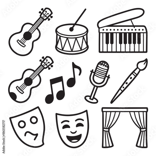 A collection of black and white line drawings representing various art and music related objects and symbols