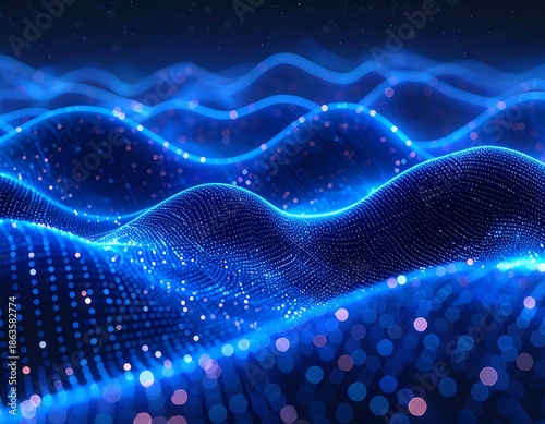 Digital rendering of undulating blue waves constructed from countless glowing dots, creating an abstract, futuristic landscape