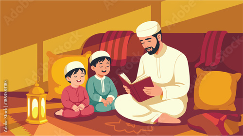 Father reading holy quran to sons at home sitting on carpet with ramadan lantern