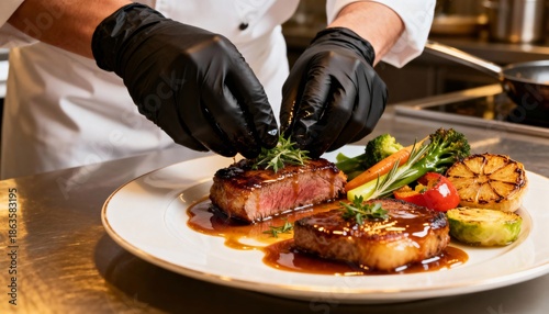 Chef garnishing gourmet steak with fresh herb in professional kitchen