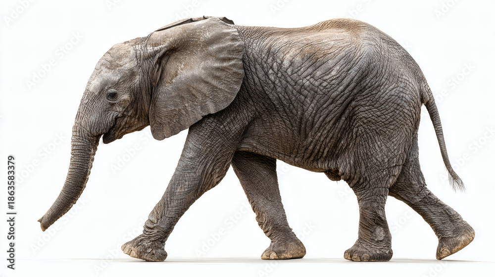 Obraz premium Young Elephant Walking Trunk Extended