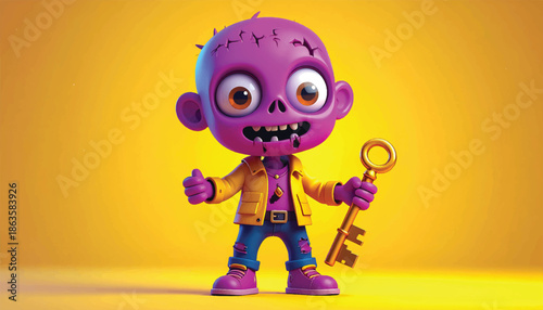 Cartoon Zombie Character Holding a Golden Key with Thumbs Up.