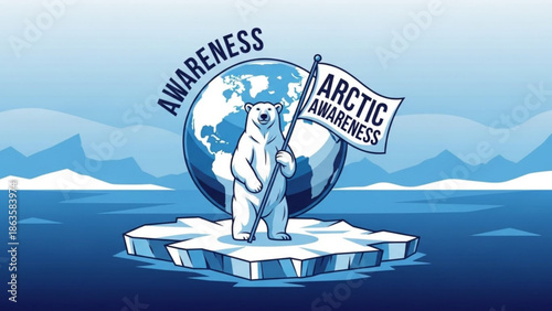 Polar Bear Holding Flag on Iceberg during Arctic Awareness Campaign
