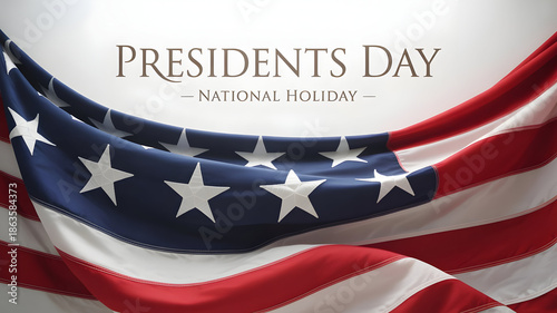 Presidents Day National Holiday Text Over a Classically Draped American Flag on a Clean White Background