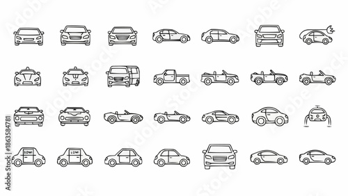 Diverse collection of outline car icons showcasing various vehicle types and perspectives.