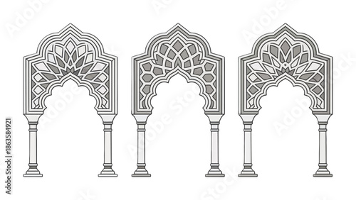 Intricate Architectural Arches: A set of stylized illustrations showcases the elegance of three ornamental arches, with elaborate details and a timeless architectural style.