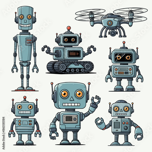 Collection of Cartoon Robots and a Drone Illustration.