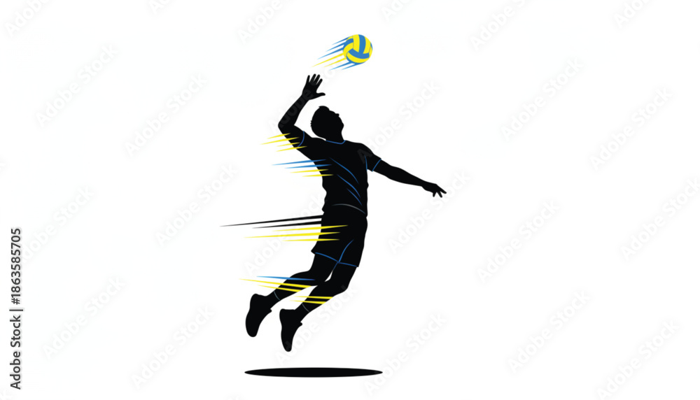 Fototapeta premium Volleyball player silhouette jumping for a powerful spike, dynamic sports action vector with motion blur, professional athlete jumping to hit ball