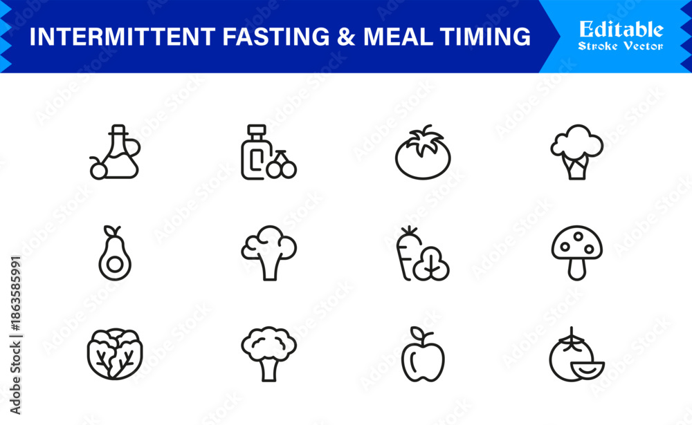 Fototapeta premium Intermittent Fasting and Meal Timing – Premium Line Icon Set with Modern Minimal Design and Editable Vector Symbols