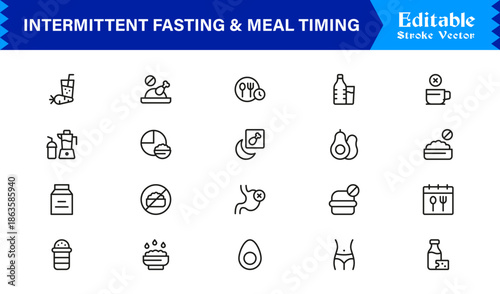 Intermittent Fasting and Meal Timing – Premium Line Icon Set with Modern Minimal Design and Editable Vector Symbols