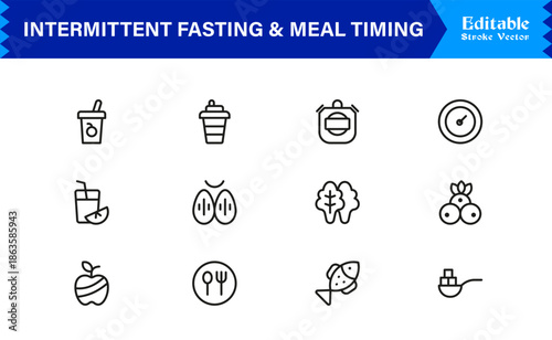 Intermittent Fasting and Meal Timing – Premium Line Icon Set with Modern Minimal Design and Editable Vector Symbols