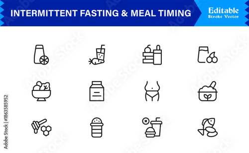 Intermittent Fasting and Meal Timing – Premium Line Icon Set with Modern Minimal Design and Editable Vector Symbols