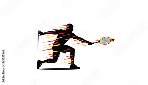 Tennis Player Silhouette in Dynamic Motion with Vibrant Streaks in Black and White Illustration for Sports