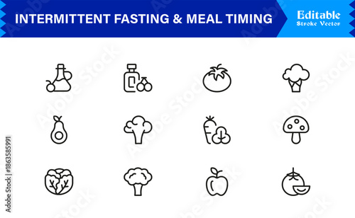 Intermittent Fasting and Meal Timing – Premium Line Icon Set with Modern Minimal Design and Editable Vector Symbols