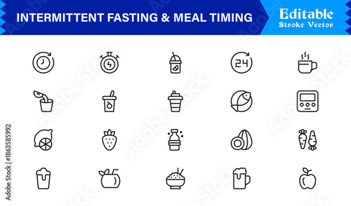 Intermittent Fasting and Meal Timing – Premium Line Icon Set with Modern Minimal Design and Editable Vector Symbols