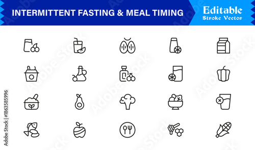 Intermittent Fasting and Meal Timing – Premium Line Icon Set with Modern Minimal Design and Editable Vector Symbols