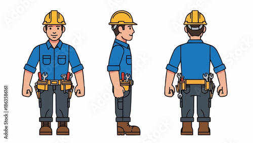 Construction worker in hard hat and tool belt shown from three angles.