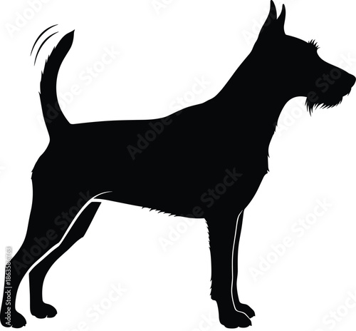 Side View Black Silhouette of a Happy Standing Dog Wagging Tail Vector Illustration Isolated on White Background for Pet Design