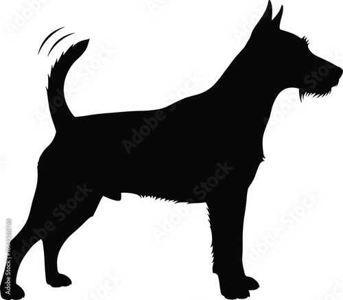 Side view black silhouette of a happy terrier dog standing and wagging its tail isolated on white background vector illustration