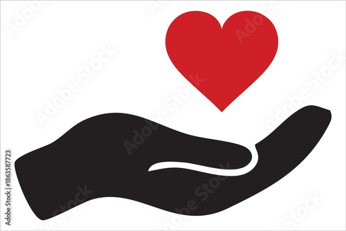 A helping hand offering a red heart, symbolizing love, care, and generosity