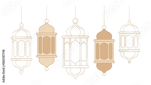 Elegant Lanterns in Design: A collection of exquisitely designed lanterns, each a testament to intricate craftsmanship and cultural artistry, hangs suspended, casting a gentle aura of light and grace.