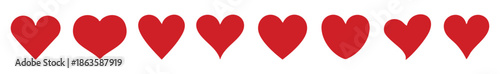 A vibrant collection of six classic red heart symbols against a crisp white background