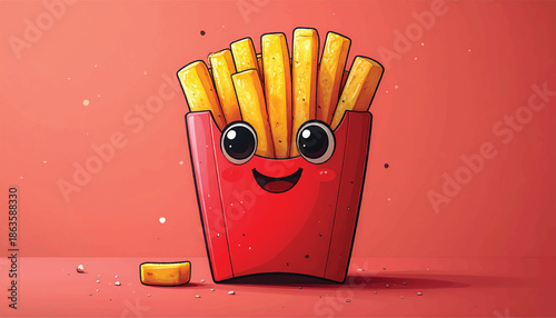 Cute Cartoon French Fries Character with Googly Eyes and Smile.