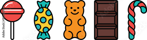 Cute candy sweets illustration set, lollipop gummy bear chocolate bar candy cane, colorful dessert icon collection vector design