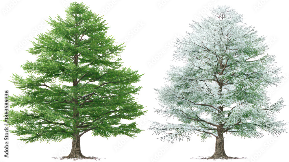 Obraz premium Two same spruce trees side by side one representing summer one winter on transparent background