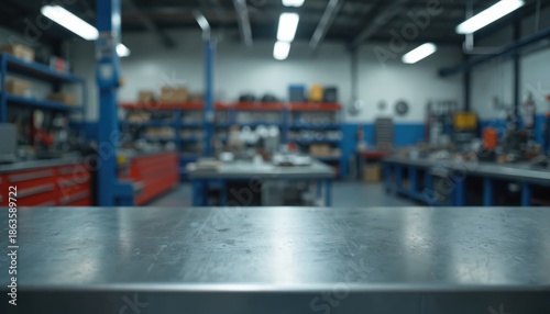 Blurry auto repair shop interior with metal workbench in foreground. Shelves with auto parts, tools, and car lift visible. Ideal for automotive ads.